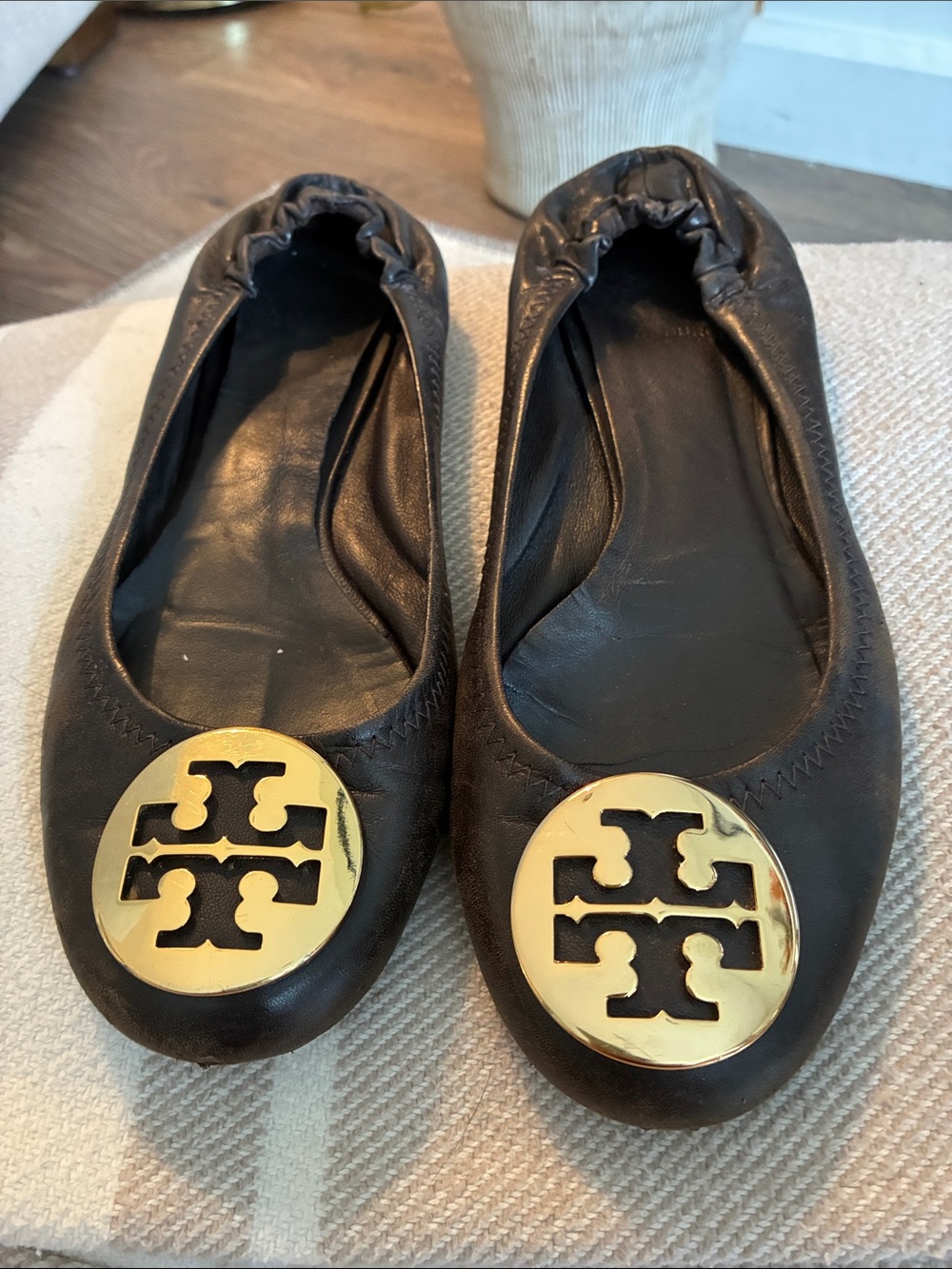Tory Burch Brown Leather Ballet Flats with Gold Logo Medallions